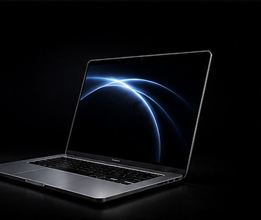 Laptop computer on a dark studio background
